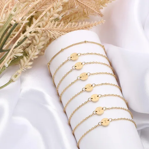 Miniatura 4 de Pulsera de letras con cuentas personalizada de 26 discos del alfabeto para niñas, chapada en oro de 14 quilates