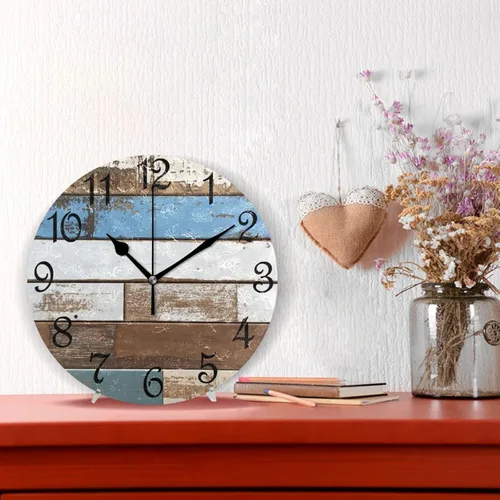 Miniatura 2 de Reloj de pared rústico retro con puerta de granero de madera, marrón, azul, funciona con pilas, silencioso, sin tictac, 10 pulgadas, reloj de mesa