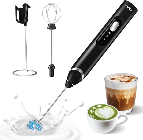RAFOW Espumador de leche eléctrico de mano: varita espumadora recargable con soporte, 3 velocidades y mezclador de bebidas desmontable de doble