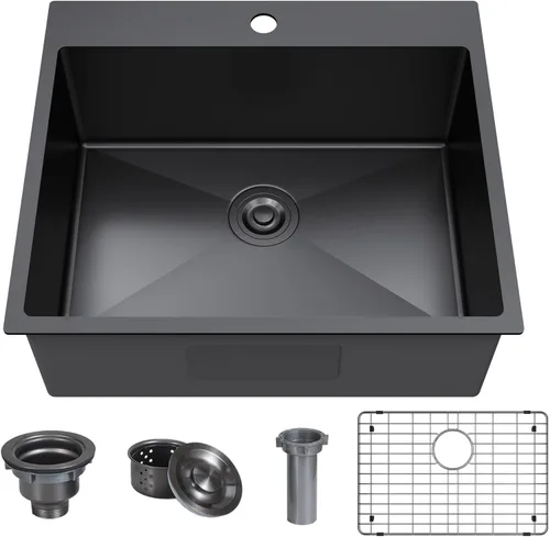 Fregadero de barra de cocina negro de 25 x 22 pulgadas, fregadero de cocina pequeño, fregadero de cocina de un solo tazón, fregadero de barra de