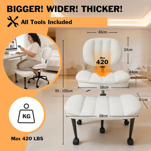 Miniatura 3 de Silla cruzada con reposapiés, silla de oficina giratoria de piel de oveja sintética de 360°, asiento extra ancho con comodidad similar al sofá, Lana