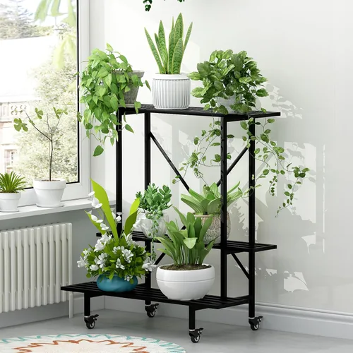 Miniatura 4 de Zhongma Soporte para Plantas de Metal de 3 Niveles de Servicio Pesado con Ruedas, 35.43 L x 17.5 A x 38.6 Al. Soporte para Plantas que Ahorra Espacio
