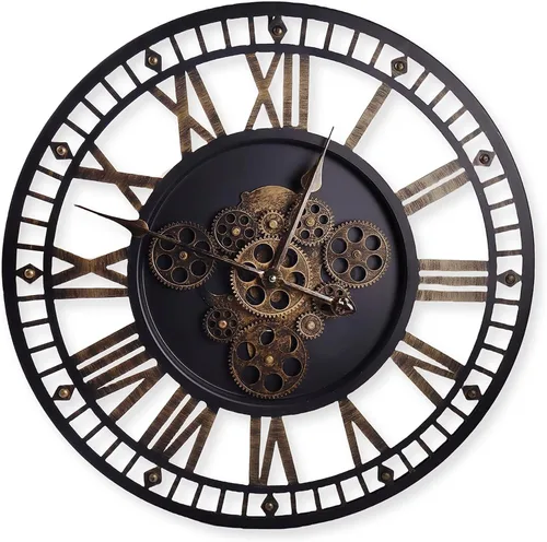 Reloj de pared digital grande de 24 pulgadas con engranajes móviles reales, reloj redondo silencioso de metal industrial vintage para dormitorio,