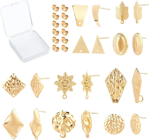 Miniatura 20 de SUNNYCLUE 1 caja, 80 unidades, 20 pares de aretes redondos planos de acero inoxidable con bucle, aretes plateados y dorados, hallazgos en blanco