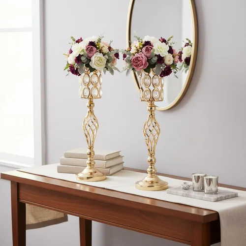 Miniatura 8 de Jarrones de cristal para centros de mesa de boda, juego de 2 jarrones dorados de metal, versátiles soportes para flores de 24 pulgadas de alto
