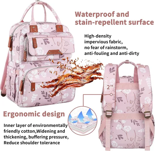 Miniatura 6 de Mochila para pañales para bebé niña, bolsa de pañales impermeable multifunción para mamá y papá, bolsas de pañales grandes rosas florales para bebé