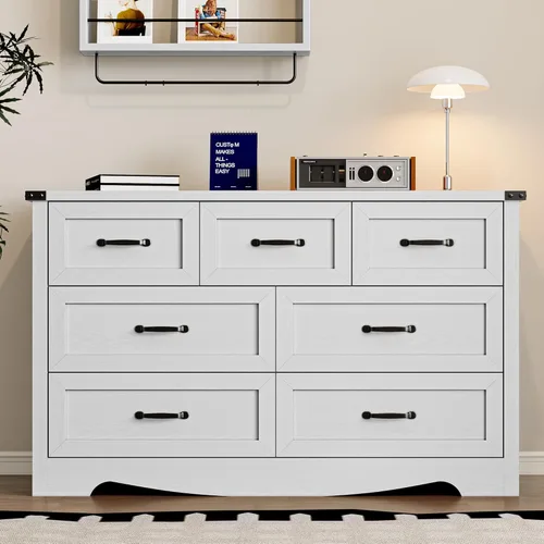 Miniatura 3 de BORNOON - Cómoda de 7 cajones para dormitorio, cómoda de madera moderna con manijas de metal, diseño antivuelco, organizador de almacenamiento Blanco
