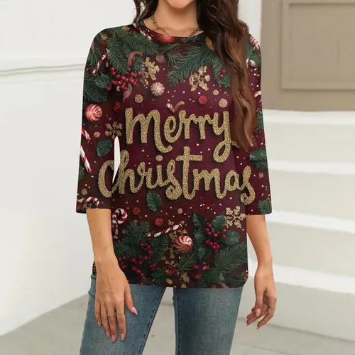 Miniatura 36 de Camisetas de manga 3/4 para mujer, cuello redondo, holgadas, casuales, con estampado floral, camisetas de moda para el trabajo de negocios