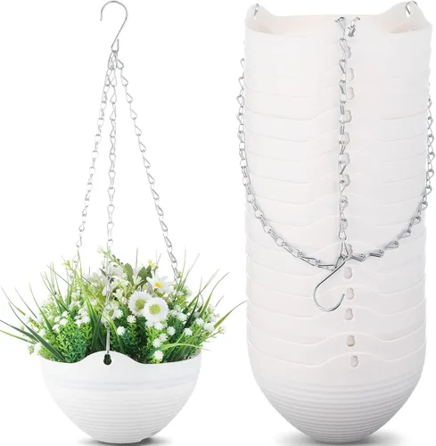 Miniatura 9 de Zopeal Paquete de 16 macetas colgantes de riego automático de 8 pulgadas, contenedor con escurridor y cadena, cesta redonda para plantas