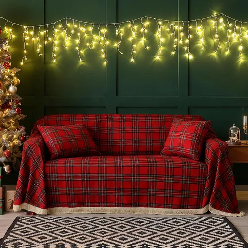 Miniatura 7 de Oudain Juego de fundas de sofá navideñas con 2 fundas de almohada de 71 x 134 pulgadas, fundas de sofá rojas a cuadros búfalos, funda de sofá de 3