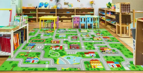 Miniatura 17 de Capslpad Alfombra Azul de Coche y Carretera para Niños, Alfombra de Juego para Sala de Juegos, Alfombra Antideslizante Lavable con Mapa de la Ciudad