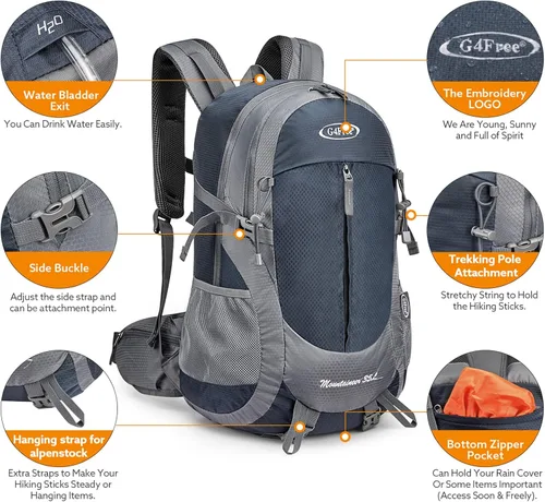 Miniatura 3 de G4Free Mochila de senderismo de 35 litros resistente al agua, para deportes al aire libre, viajes, ligera, con cubierta de lluvia para mujeres