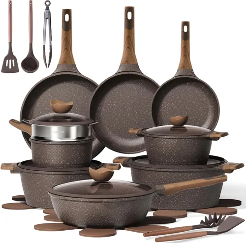 CAROTE Juego de 26 ollas y sartenes antiadherentes, juego de utensilios de cocina, ollas y sartenes de inducción, cocina antiadherente, sin PFOA