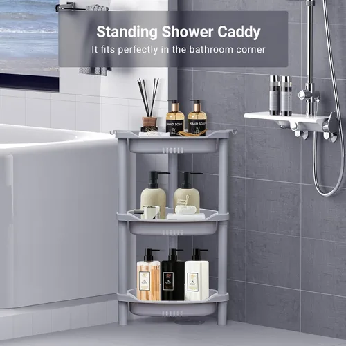 Miniatura 3 de ELYKEN Organizador de Ducha de 3 Niveles Estante Esquinero, 14.4 x 11.2 x 22.4 pulgadas, resistente al óxido, soportes de estante de ducha de Gris