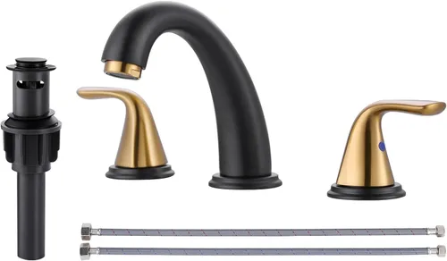 Aleasha Grifo de Lavabo de Baño de 3 Orificios Negro Dorado, Grifo de Baño Extendido, Grifos de Lavabo con Desagüe Pop Up, Grifos de Lavabo con