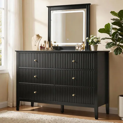 Miniatura 11 de RoyalCraft Cómoda Acanalada Beige de 3 Cajones, Cómoda de 32 Pulgadas de Ancho Mesita de Noche para Dormitorio, Cofre de Cajones de Madera Moderno