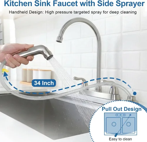 Miniatura 2 de Grifo de Cocina SHACO con Rociador Lateral, Grifo de Fregadero de Acero Inoxidable de 2 Asas con Línea de Suministro de Agua, Grifo de Cocina