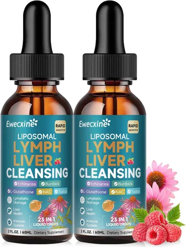 Miniatura 9 de Gotas de drenaje linfático liposomal y limpieza del hígado, 23 en 1 con equinácea, NAC, TUDCA, L-glutatión, bardana para linfa, desintoxicación