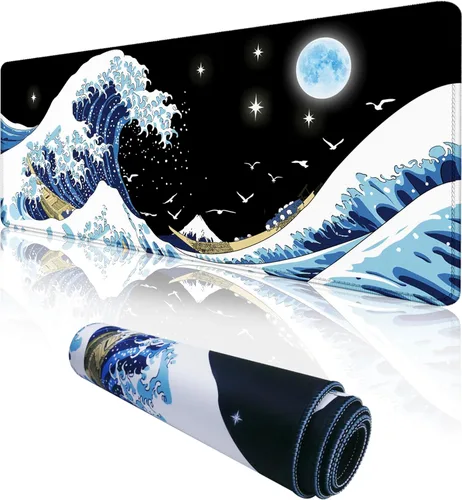 Alfombrilla de mouse japonesa para juegos de olas marinas extendida, tamaño XXL, alfombrilla de escritorio grande de 31.06 x 11.8 pulgadas, para