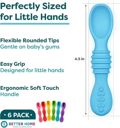 Miniatura 2 de Juego de cucharas de silicona prémium para bebés, cucharas para bebés y niños pequeños, utensilios de destete masticables para bebés de primera