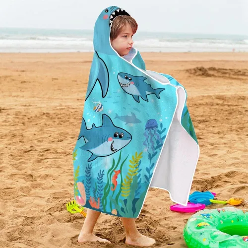 Miniatura 2 de Bonsai Tree Toalla de playa con capucha de tiburón para niños, toalla de baño con capucha de peces marinos frescos para niños, divertidos animales