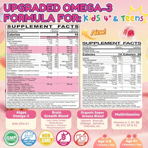 Miniatura 2 de Omega 3 para niños y adolescentes, vitaminas de enfoque para niños con melena de león, súper verdes, luteína, metil B12 B9, para enfoque cerebral