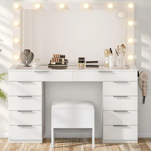 Miniatura 8 de YITAHOME Escritorio de tocador con espejo y luces, juego de tocador de maquillaje con parte superior de vidrio y 10 cajones, estación de carga