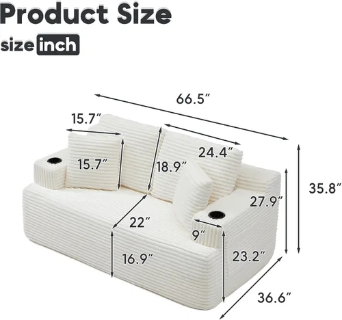 Miniatura 2 de Sofá sin hueso de 66.5 pulgadas con portavasos y bolsillos laterales, sofá biplaza tapizado de tela de pana moderna con 2 almohadas para sala