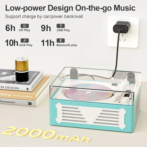Miniatura 5 de Reproductor de CD Bluetooth portátil con altavoz, reproductor de CD retro, pantalla LED, reproducción USB, entrada/salida AUX, recargable, perfecto