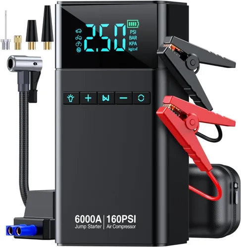 Arrancador de batería portátil para automóvil de 10 en 1 con compresor de aire, arrancador de puente portátil para automóvil de 6000A 160PSI (todo