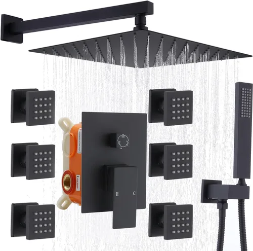 Miniatura 14 de Enga Sistema de ducha con chorros corporales de 12 pulgadas, ducha de lluvia montada en la pared y pulverizadores de mano de latón de cuerpo