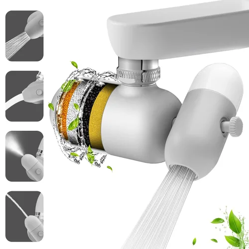 Filtro de agua multifuncional de cocina y baño de 4 modos para grifo de fregadero con 2 filtros de repuesto, 99.9% de eliminación de cloro, A-gris