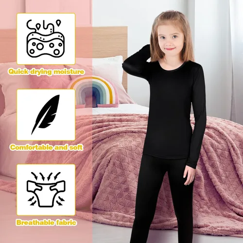 Miniatura 4 de Conjunto de 3 ropa interior térmica para niñas, suave, largo, para invierno, parte superior e inferior con forro polar y capa base para niñas