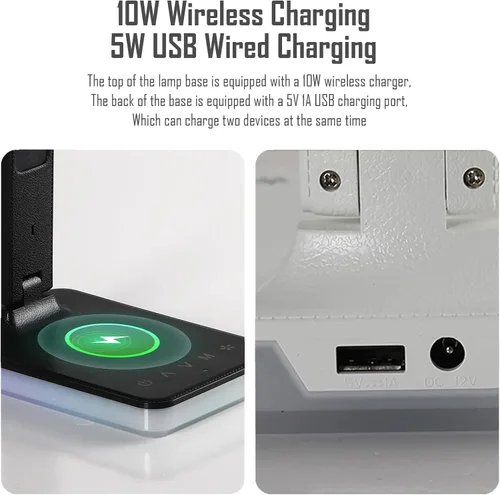 Miniatura 7 de Lámpara de escritorio LED con carga inalámbrica y por cable, luz de mesa plegable, 5 modos de brillo y 3 modos de iluminación, pantalla de tiempo