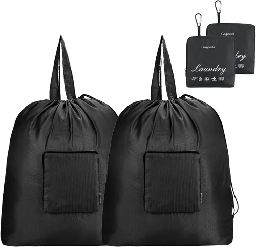 GOGOODA Bolsas de lavandería de viaje con cierre de cordón XL grandes plegables, bolsas para ropa sucia con asas resistentes y lavables para Negro