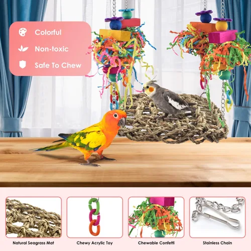 Miniatura 2 de KATUMO Conure Toys, tapete de columpio de hierba de pájaro con juguetes coloridos para periquito, cacatúa, conura solar, agapornito, periquito