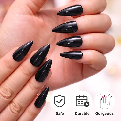 Miniatura 5 de morily 24 uñas postizas negras a presión, uñas postizas de aguja de longitud media, uñas postizas de almendra, uñas postizas largas acrílicas Negro