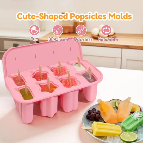 Miniatura 2 de Moldes de paletas de silicona, 8 cavidades con 50 palitos, molde para hacer paletas de hielo sin BPA con embudo y cepillo de limpieza para niños