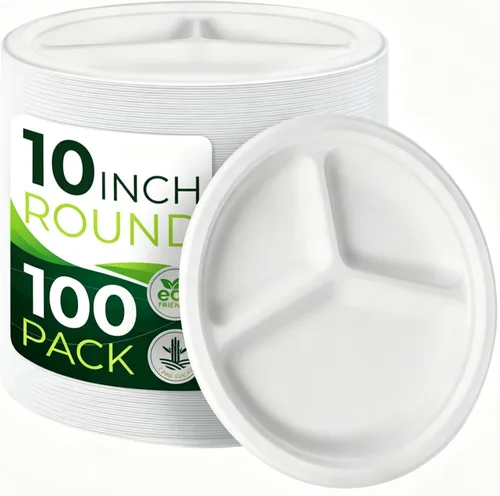 Miniatura 10 de 150 platos de papel 100% compostables (10 pulgadas), resistentes, ecológicos, biodegradables hechos de fibra de caña de azúcar Blanco