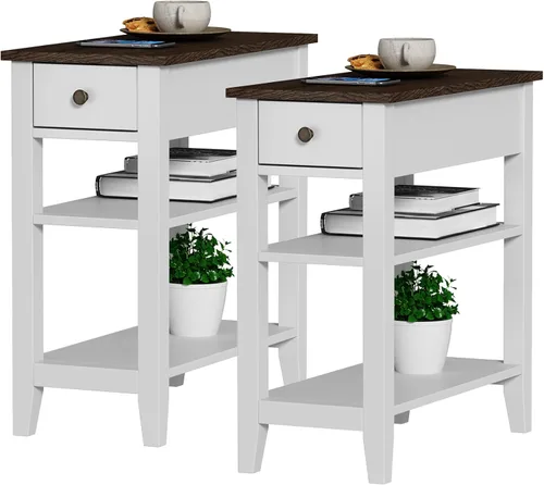 Miniatura 8 de Mesa auxiliar ChooChoo para sala de estar, mesa auxiliar estrecha con cajón y estante, mesa auxiliar de sofá de 3 niveles para espacios pequeños