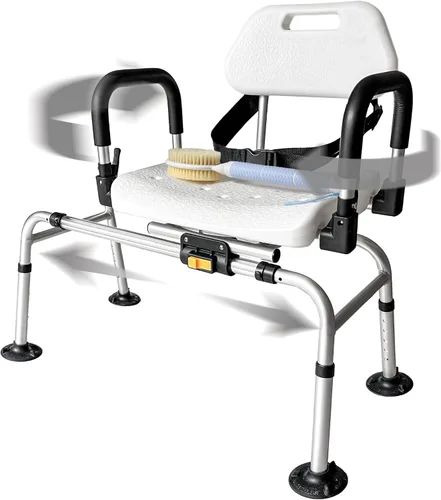DMI 360 Max Comfort Silla de Ducha Giratoria y Banco de Transferencia, Capacidad Extra Ancha de 360 lb, Brazos Antideslizantes y Acolchados, Cepillo