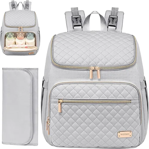 Miniatura 8 de Weitars Mochila para pañales grande con cambiador, mochila para pañales de viaje, bolsa de bebé para niños y niñas, correas de cochecito, 5 Gris