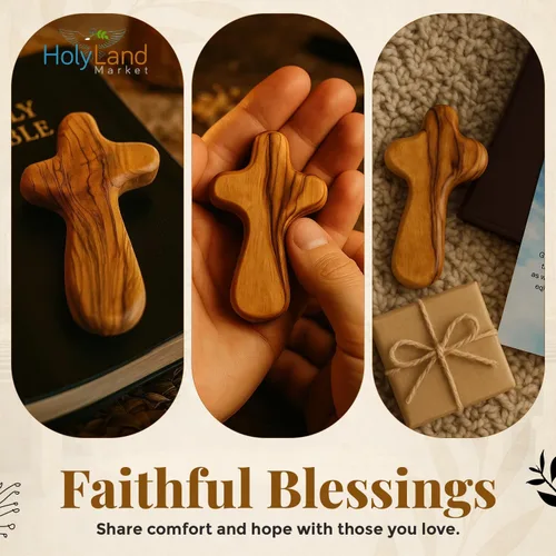 Miniatura 7 de Paquete de 100 cruces de bolsillo de madera de olivo de Belén de tamaño mediano – Cruces auténticas de Belén para la comodidad de la tierra santa