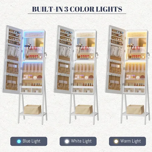 Miniatura 5 de LVSOMT Armario con espejo LED RGB para joyería, organizador de joyas de pie, espejo de cuerpo entero con almacenamiento de joyas, espejo de piso
