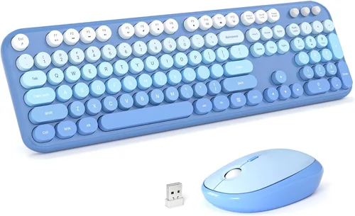 Miniatura 59 de KNOWSQT Combo de teclado y ratón inalámbrico, teclados lindos de tamaño completo estilo máquina de escribir 2.4G azul colorido - receptor USB Plug