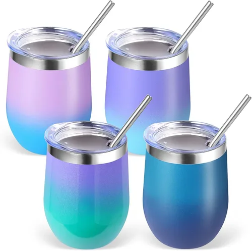 Miniatura 45 de Volhoply - Juego de 12 vasos de vino de 12 onzas con tapa, hechos de acero inoxidable con aislamiento al vacío de doble pared, vasos de vino sin Rosa