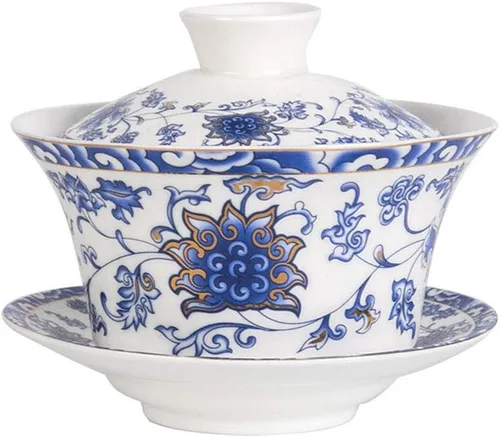 Miniatura 10 de Liang baobao Juego de Té Tradicional Gaiwan con Tapa y Platillo Taza de Té Gongfu de Porcelana Diseño Azul de Loto Tazas de 200ml