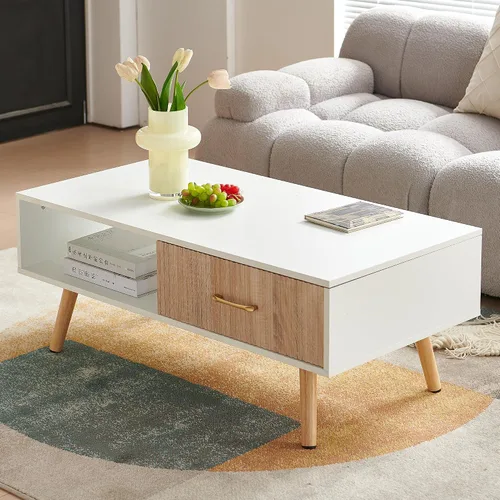 Miniatura 13 de Mesa de centro moderna de mediados de siglo con almacenamiento, mesa rectangular de madera de 41.3 pulgadas con panel de puerta deslizante de ratán