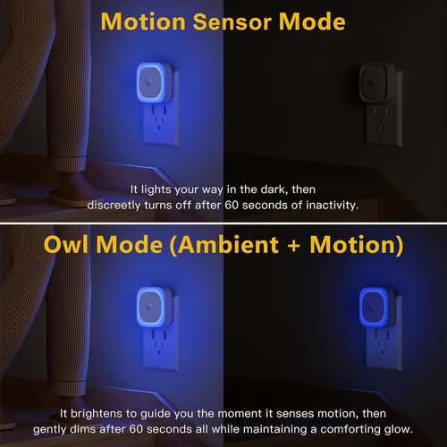 Miniatura 3 de YUNLEX Paquete de 2 luces nocturnas enchufables con sensor de movimiento y sensor de atardecer a amanecer, 3 modos de sensor, luces nocturnas azules
