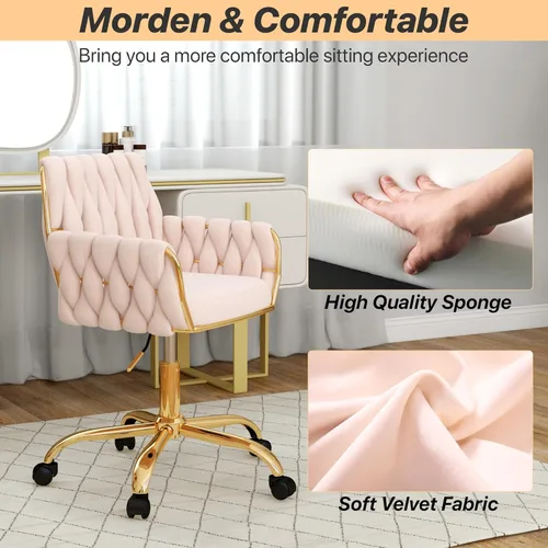 Miniatura 6 de Silla de terciopelo para oficina en casa, moderna silla de tocador de altura ajustable, silla de maquillaje giratoria de 360° con base dorada y Rosa